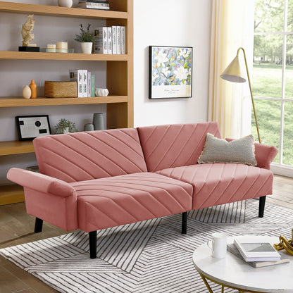 Pink 87 Velvet Tufted Convertible Futon Sofa Bed with Adjustable Armrests for Living Room