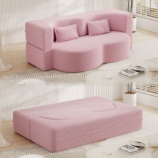 Pink Convertible Teddy Fabric Loveseat Sofa Bed