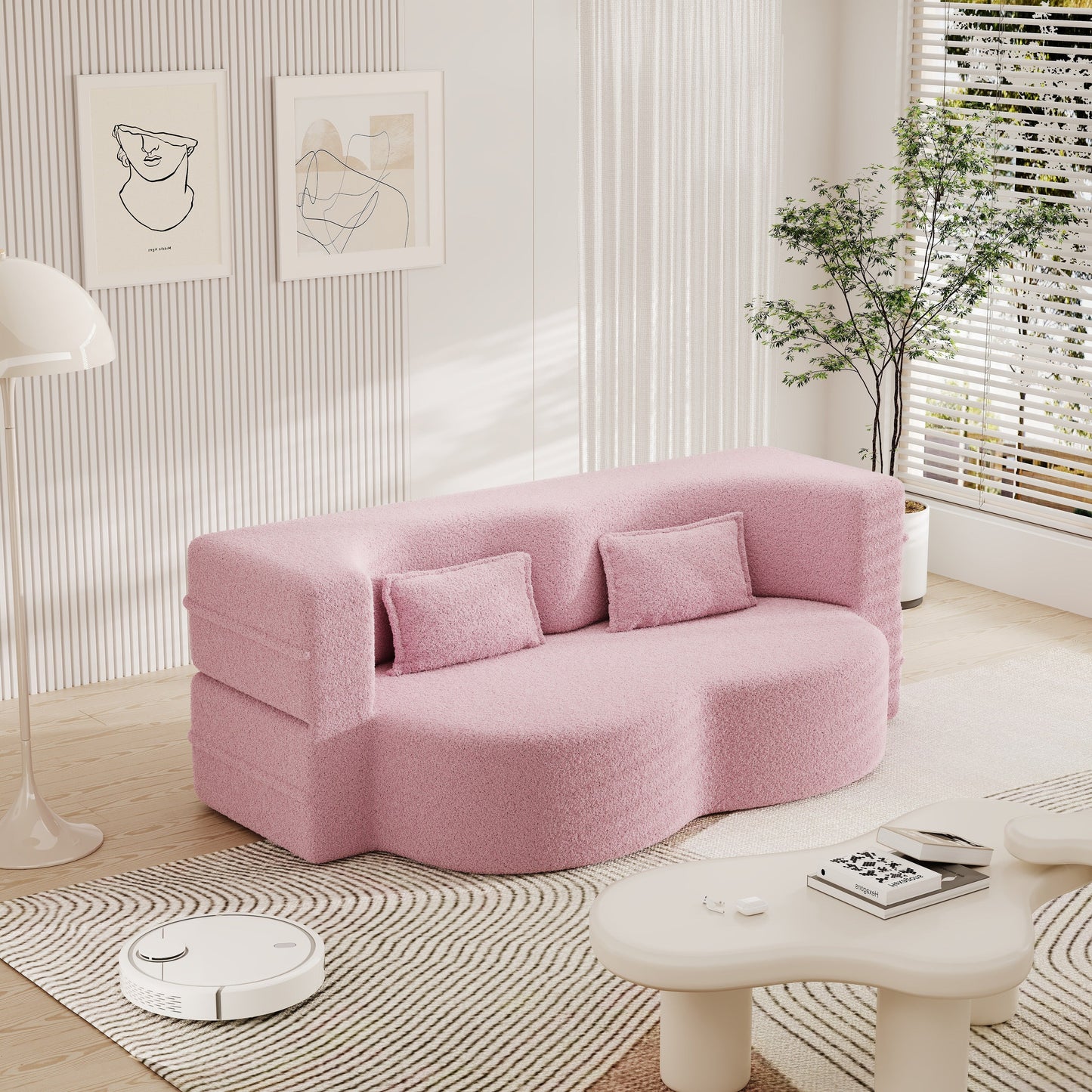 Pink Convertible Teddy Fabric Loveseat Sofa Bed