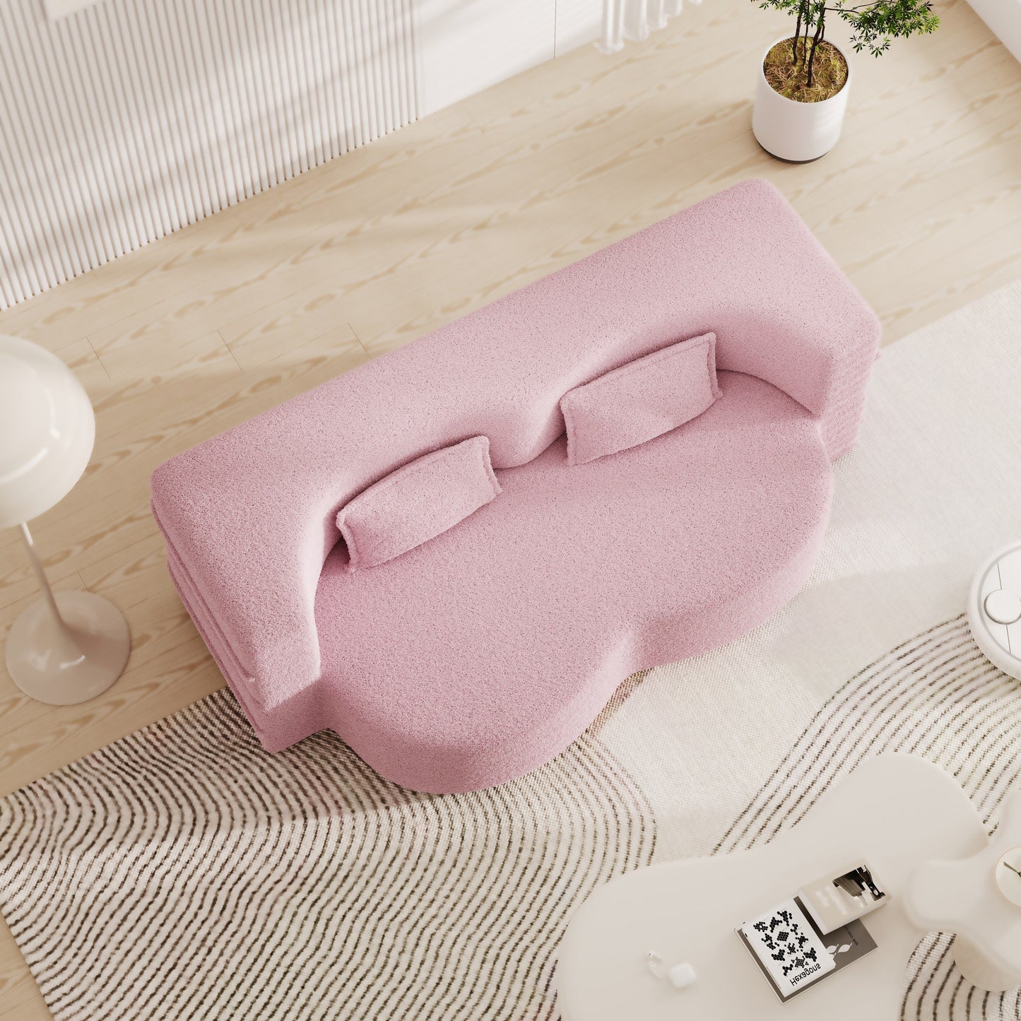Pink Convertible Teddy Fabric Loveseat Sofa Bed