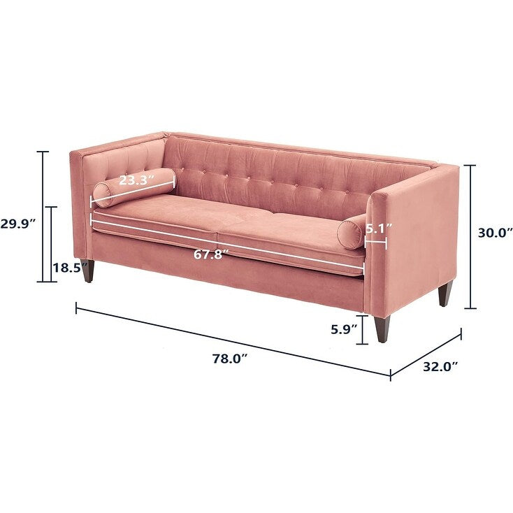 Pink Mid-Century Modern 78 Velvet Loveseat Button Tufted Sofa with Bolster Pillows and Wood Legs for Living Room