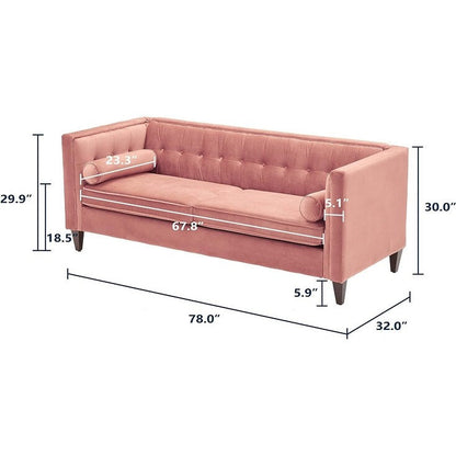 Pink Mid-Century Modern 78 Velvet Loveseat Button Tufted Sofa with Bolster Pillows and Wood Legs for Living Room