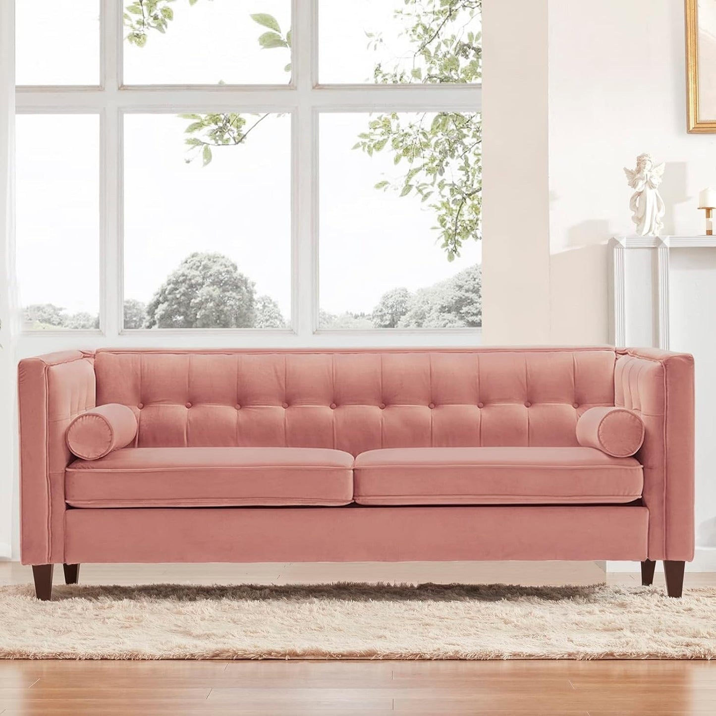 Pink Mid-Century Modern 78 Velvet Loveseat Button Tufted Sofa with Bolster Pillows and Wood Legs for Living Room