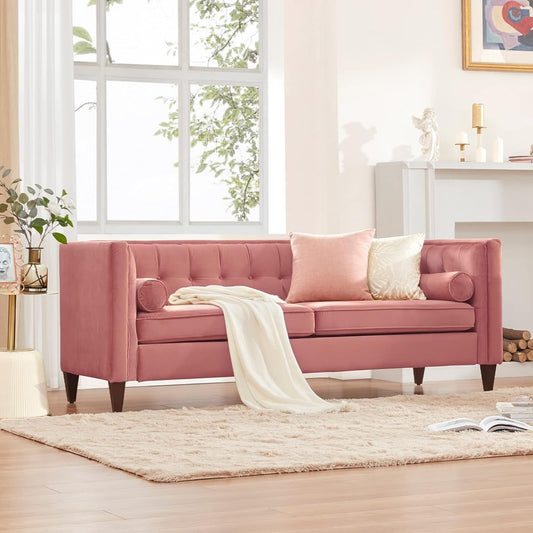 Pink Mid-Century Modern 78 Velvet Loveseat Button Tufted Sofa with Bolster Pillows and Wood Legs for Living Room