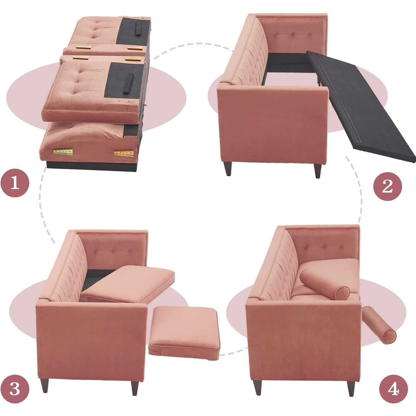 Pink Mid-Century Modern 78 Velvet Loveseat Button Tufted Sofa with Bolster Pillows and Wood Legs for Living Room