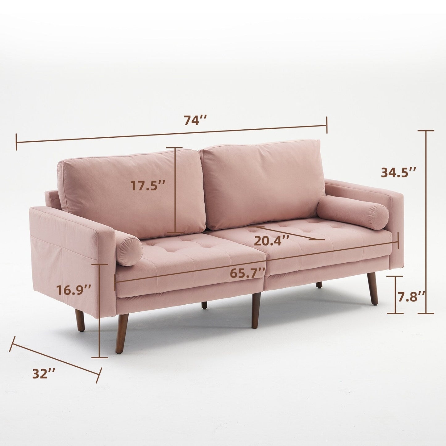 Pink Modern 74'' Fabric 3 Seater Sofa Couch with Storage Pockets, High-Density Foam Cushions, Solid Wood Legs