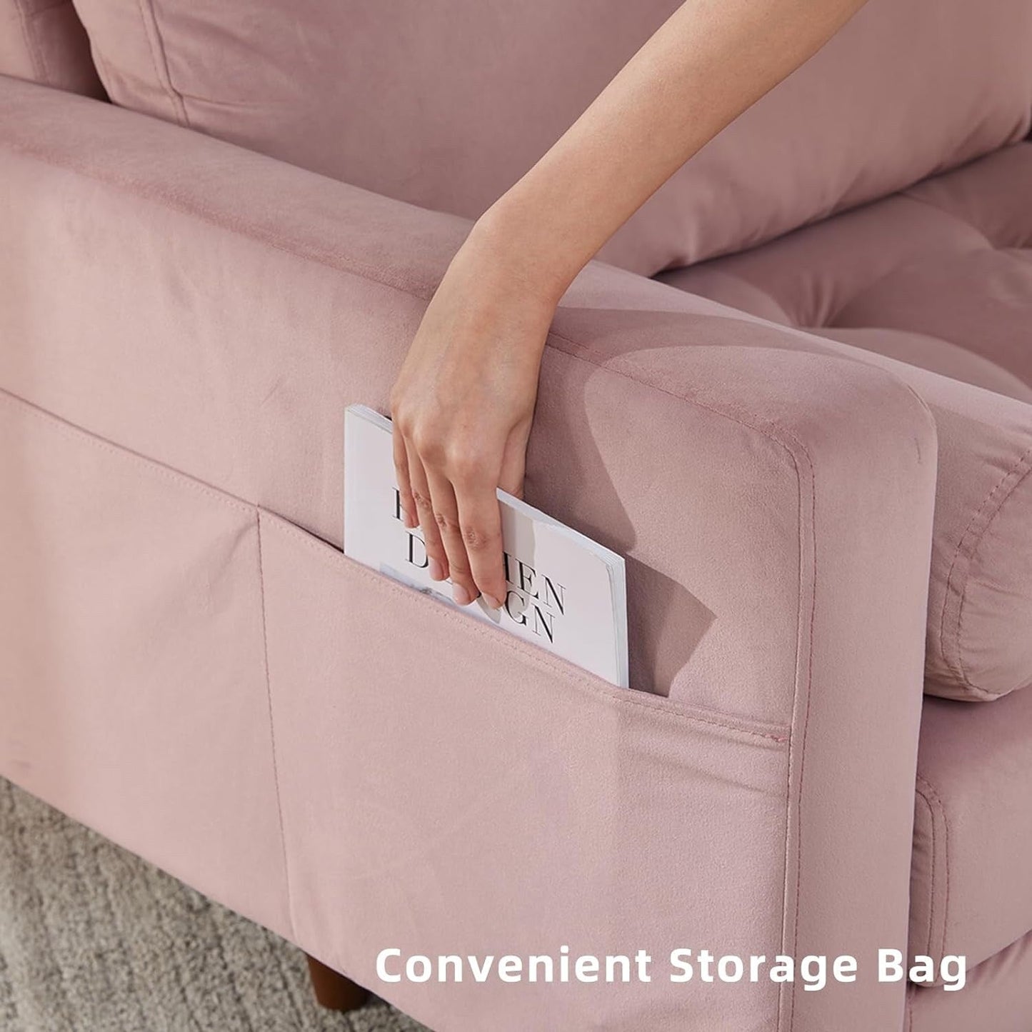 Pink Modern 74'' Fabric 3 Seater Sofa Couch with Storage Pockets, High-Density Foam Cushions, Solid Wood Legs