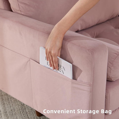 Pink Modern 74'' Fabric 3 Seater Sofa Couch with Storage Pockets, High-Density Foam Cushions, Solid Wood Legs