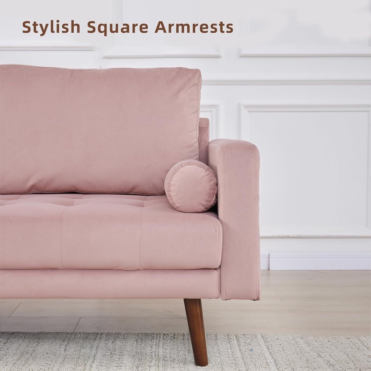 Pink Modern 74'' Fabric 3-Seater Sofa Couch with Storage Pockets, High-Density Foam Cushions, and Solid Wood Legs