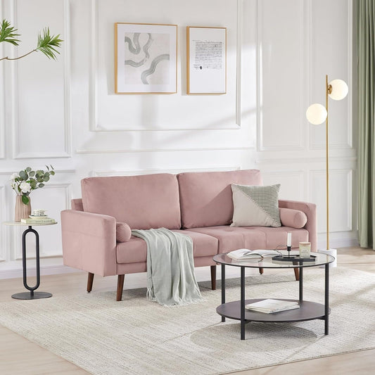 Pink Modern 74'' Fabric Sofa with Storage Pockets and Foam Cushion
