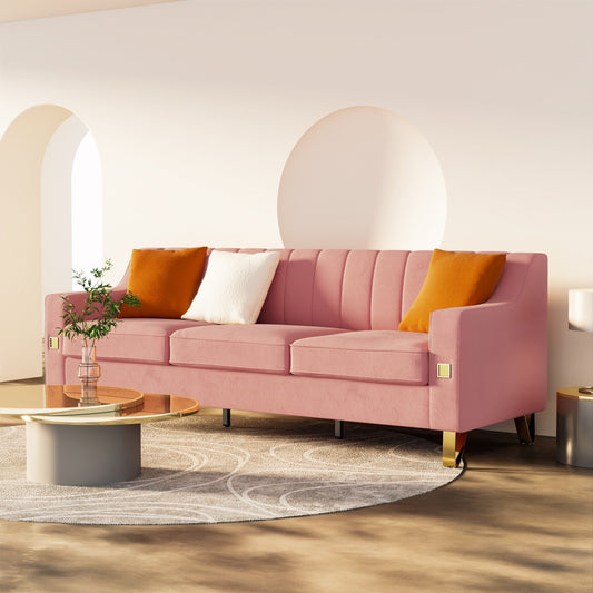 Pink Modern 81.89 Velvet 3-seater Sofa with Gold Accents and Plush Cushions for Living Room