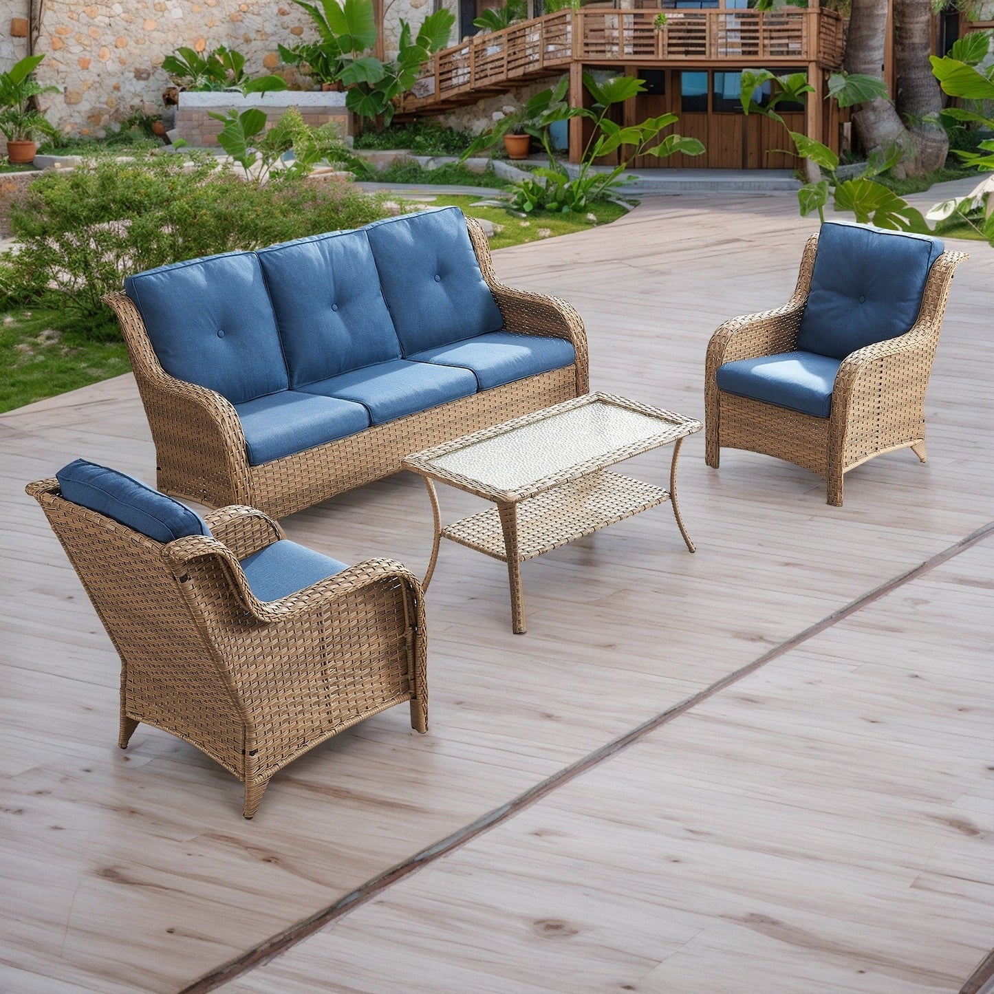 Pocassy 4-Piece Outdoor Sofa Patio Chair with Coffee Table