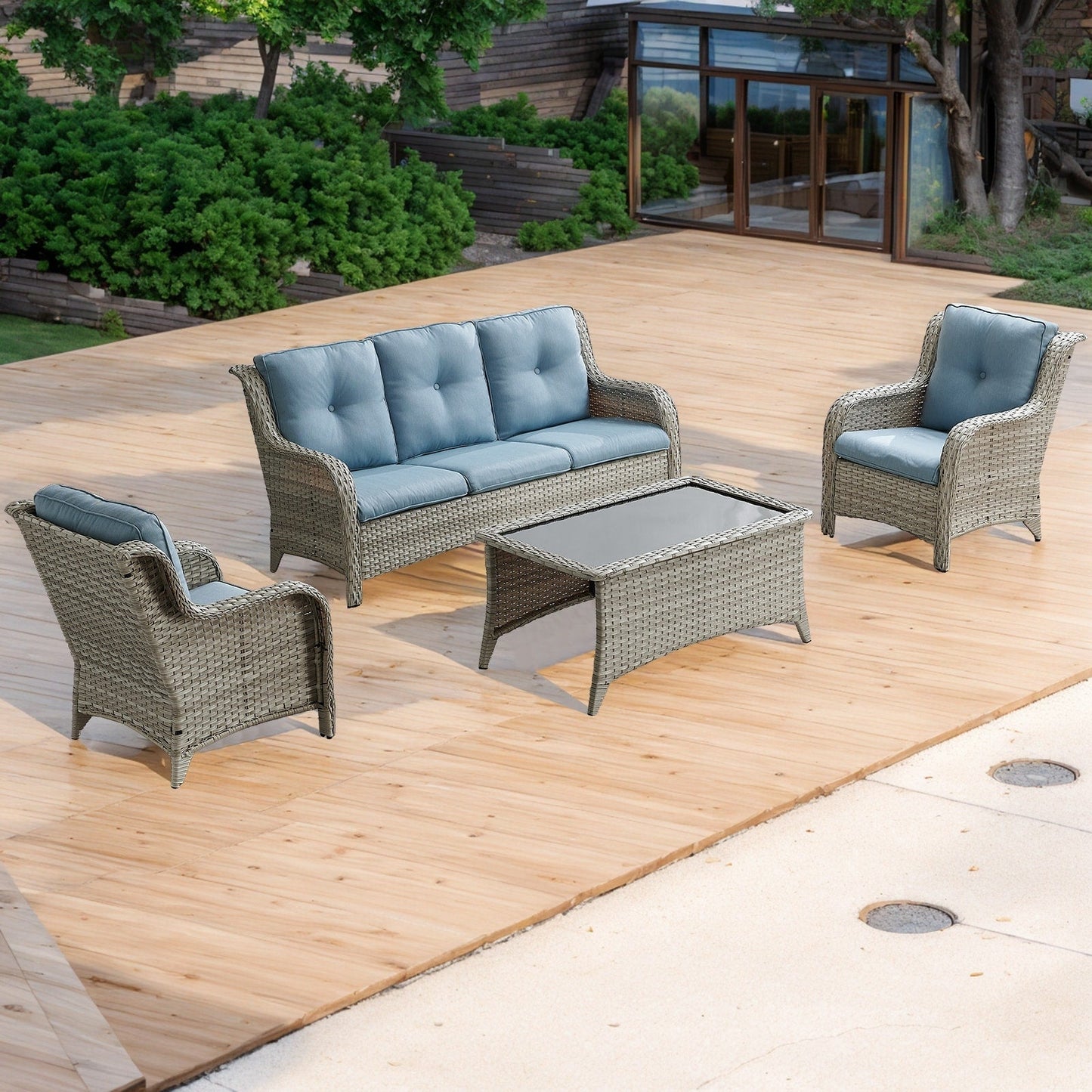 Pocassy 4-Piece Outdoor Sofa Patio Chair with Coffee Table