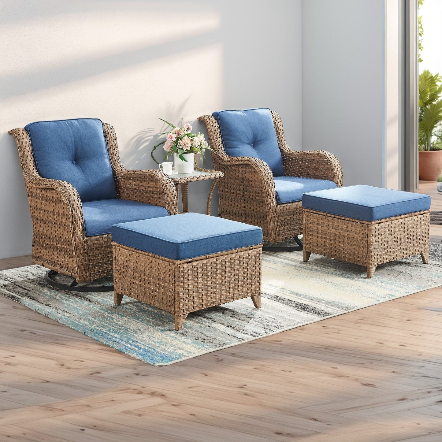 Pocassy 5-Piece Outdoor Furniture Set, Swivel chairs with Ottomans