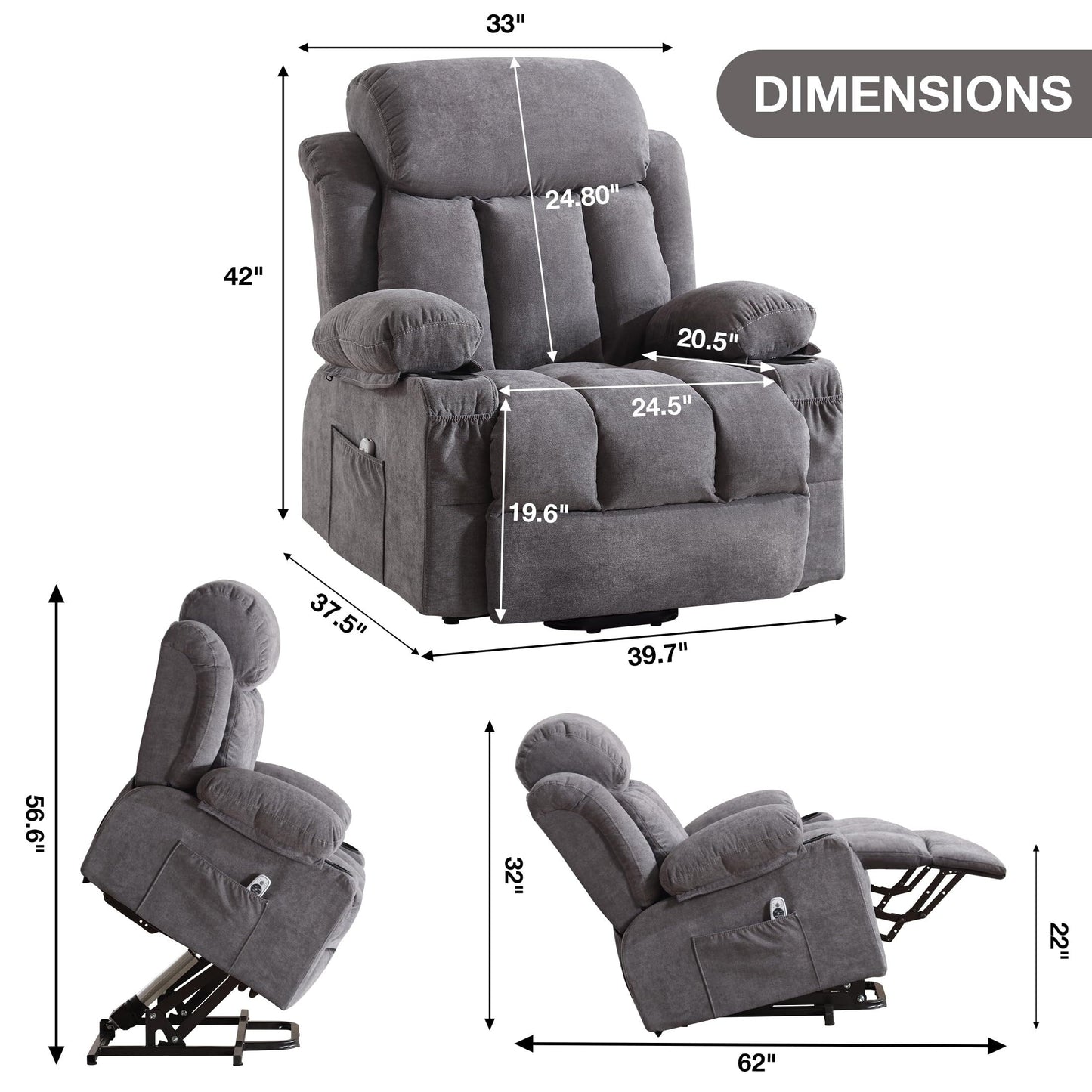 Power Lift Chairs Recliners, Heat  Massage, USB Port, Remote Control