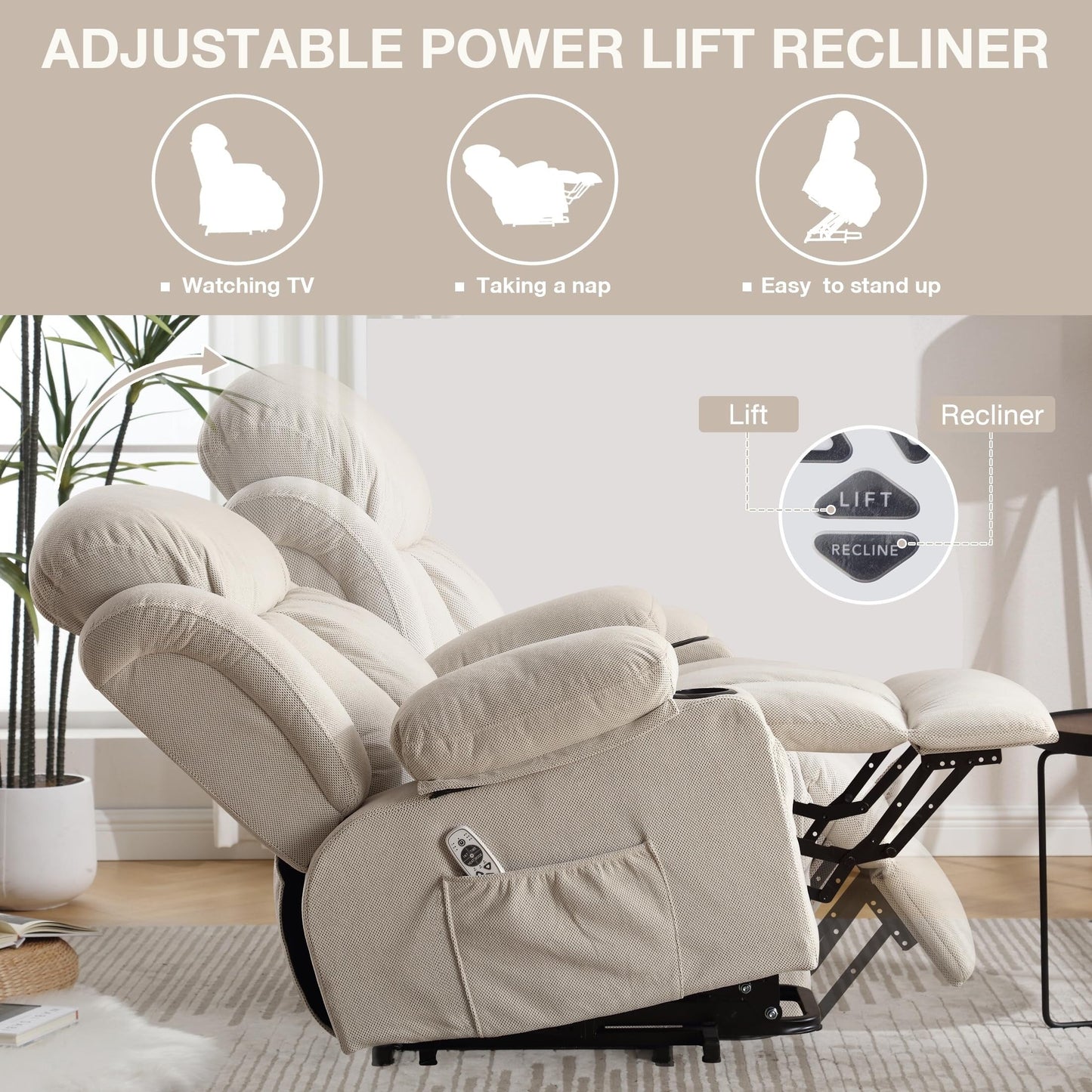 Power Lift Chairs Recliners, Heat  Massage, USB Port, Remote Control
