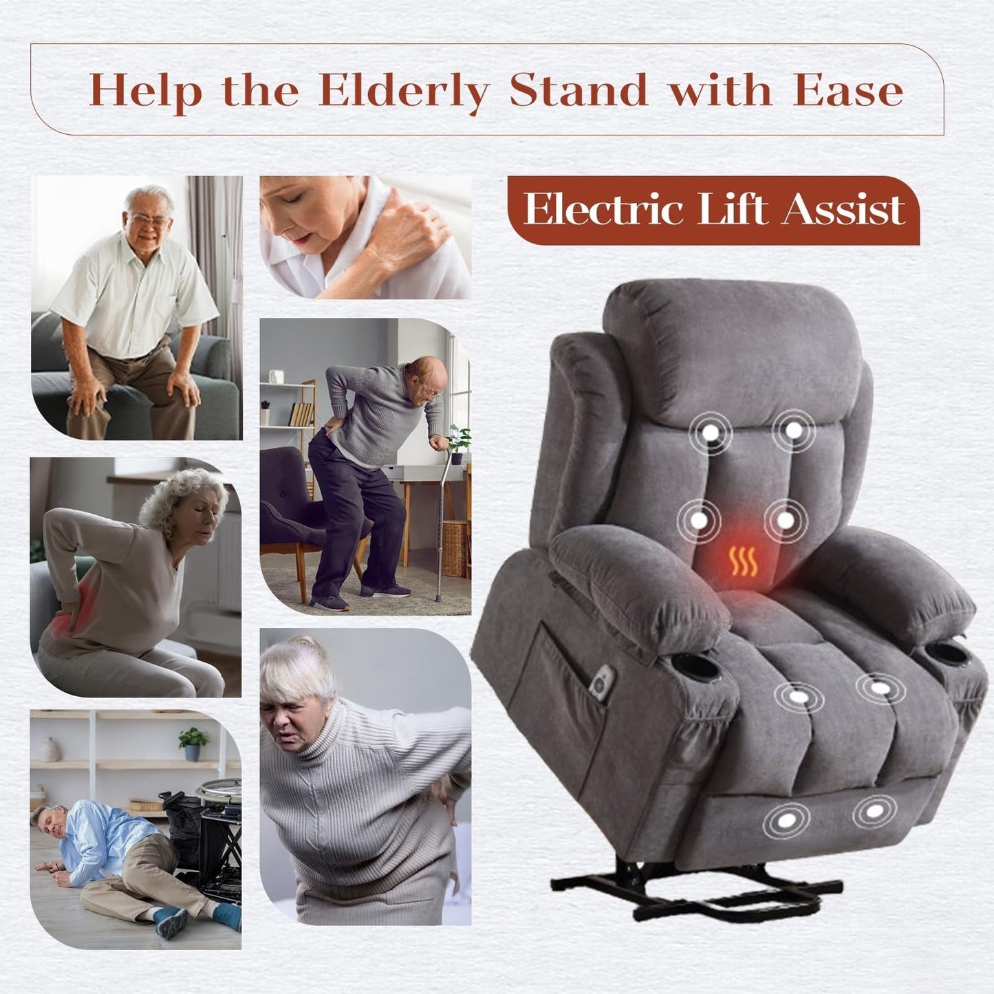 Power Lift Chairs Recliners, Heat  Massage, USB Port, Remote Control