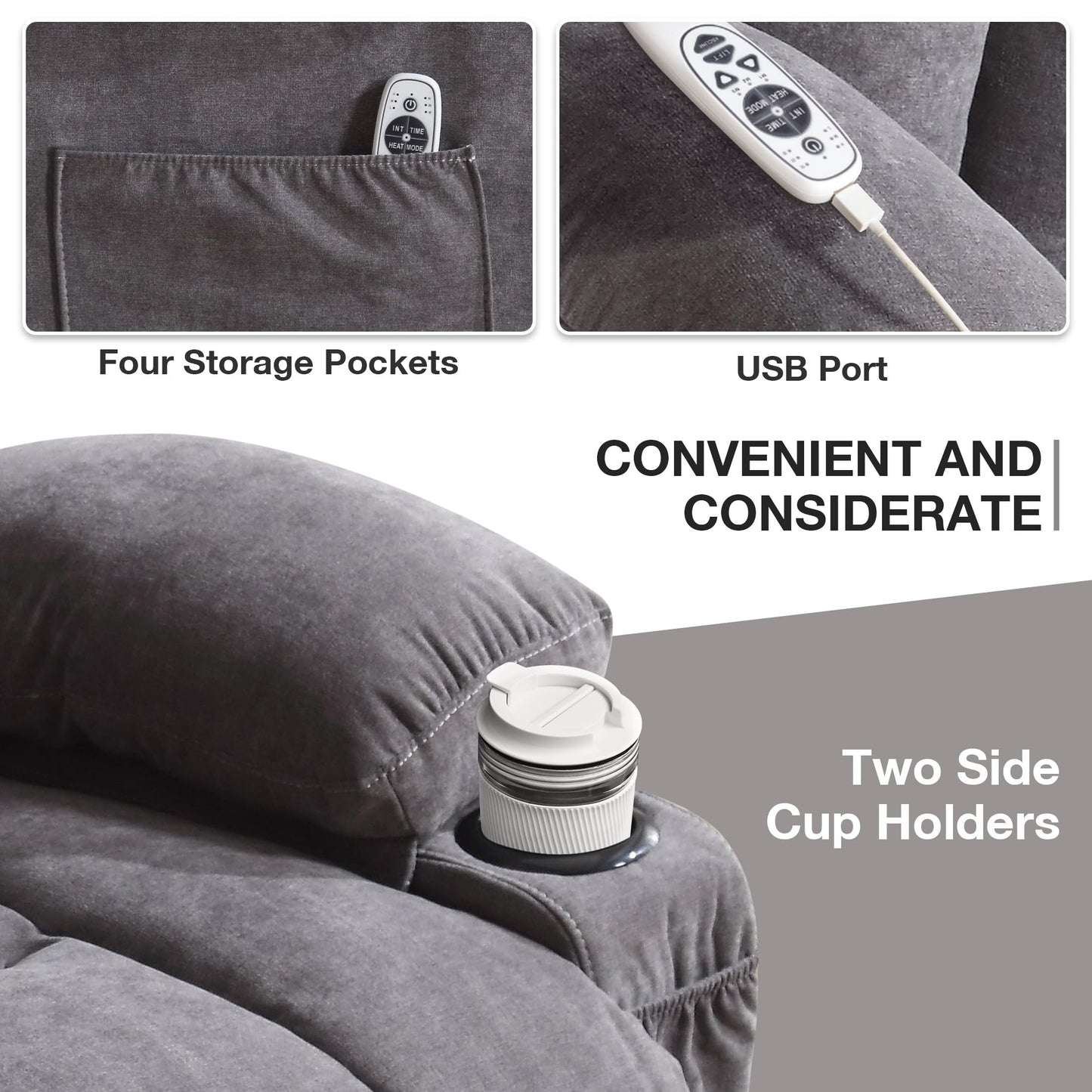 Power Lift Chairs Recliners, Heat  Massage, USB Port, Remote Control