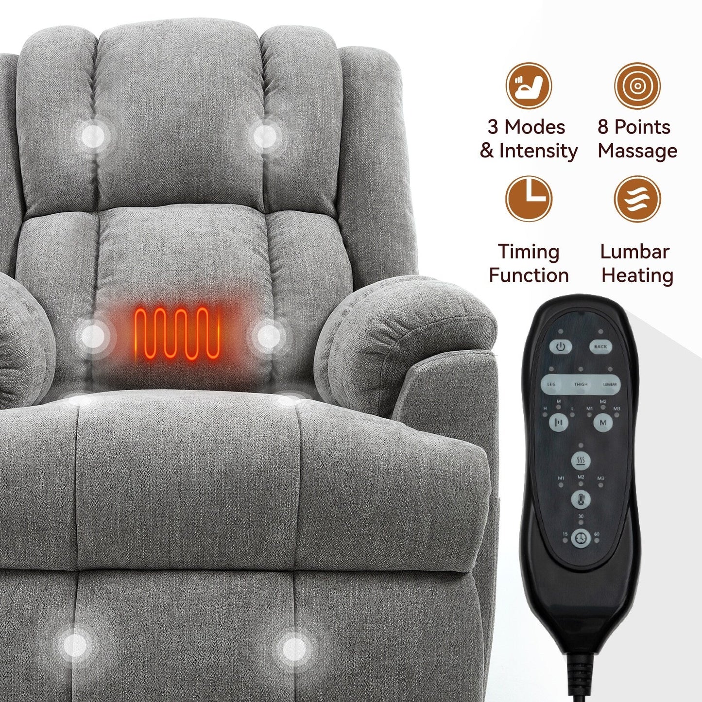 Power Lift Recliner Chair with Dual Motor, Massage & Heat (Chenille)