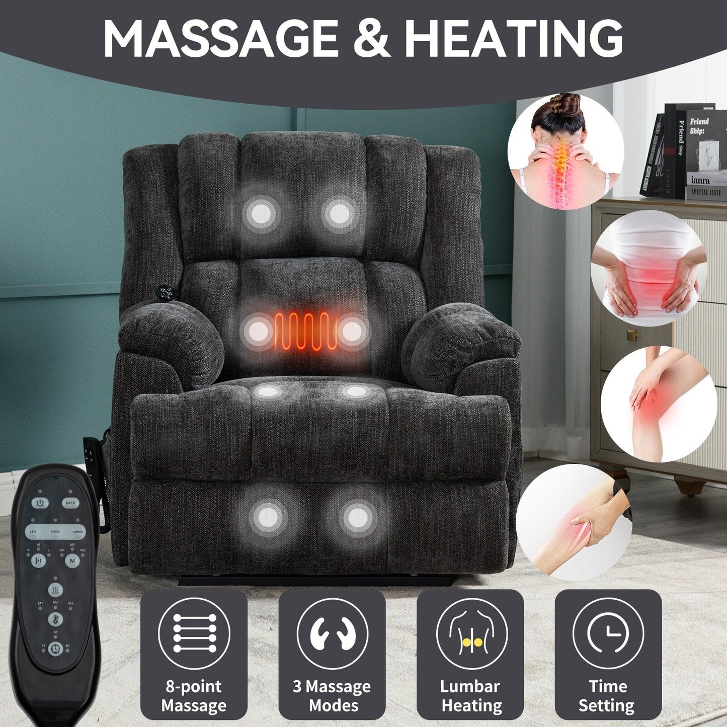 Power Lift Recliner Chair with Dual Motor, Massage & Heat (Chenille)