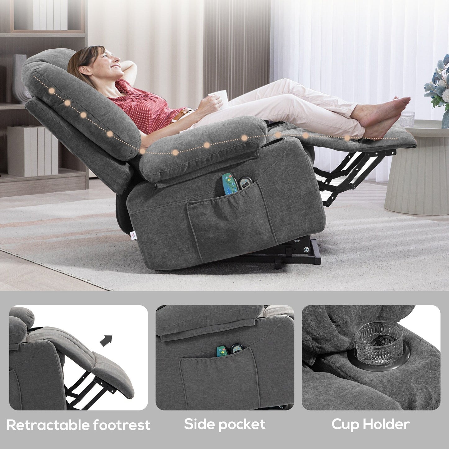 Power Lift Recliner Chair with Massage, Lumbar Heat, Cup Holders, and Adjustable 135° Recline