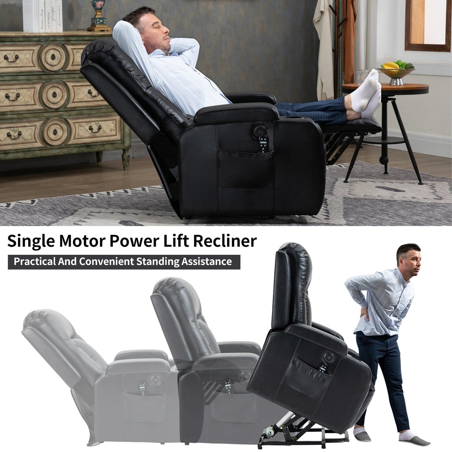 Power Lift Recliner Chair with Massage, Lumbar Heat, USB & Cup Holders