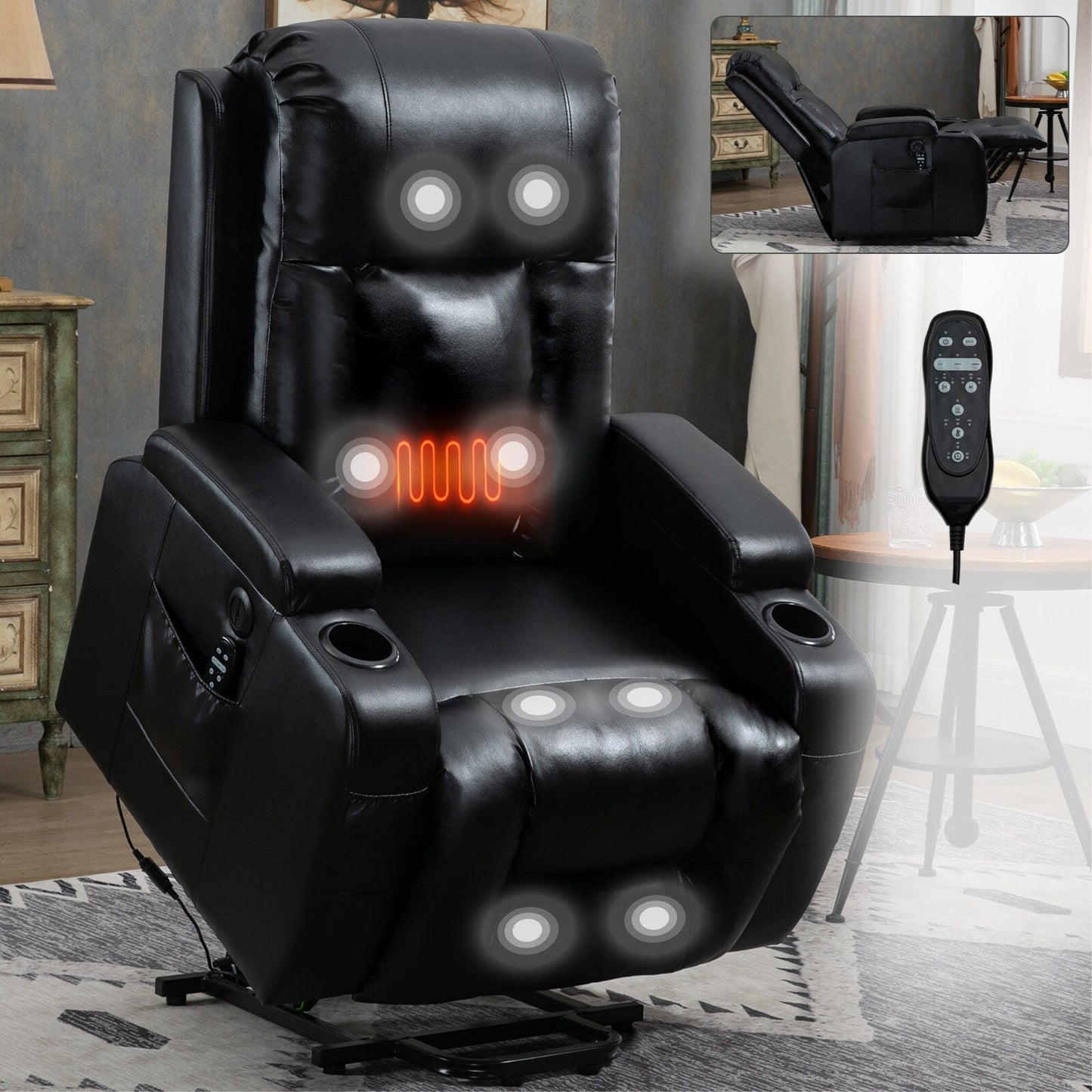 Power Lift Recliner Chair with Massage, Lumbar Heat, USB & Cup Holders