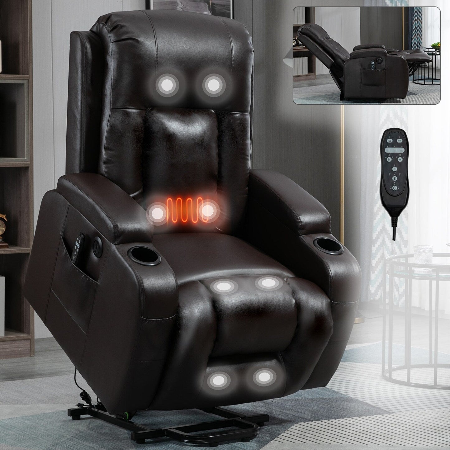 Power Lift Recliner Chair with Massage, Lumbar Heat, USB & Cup Holders