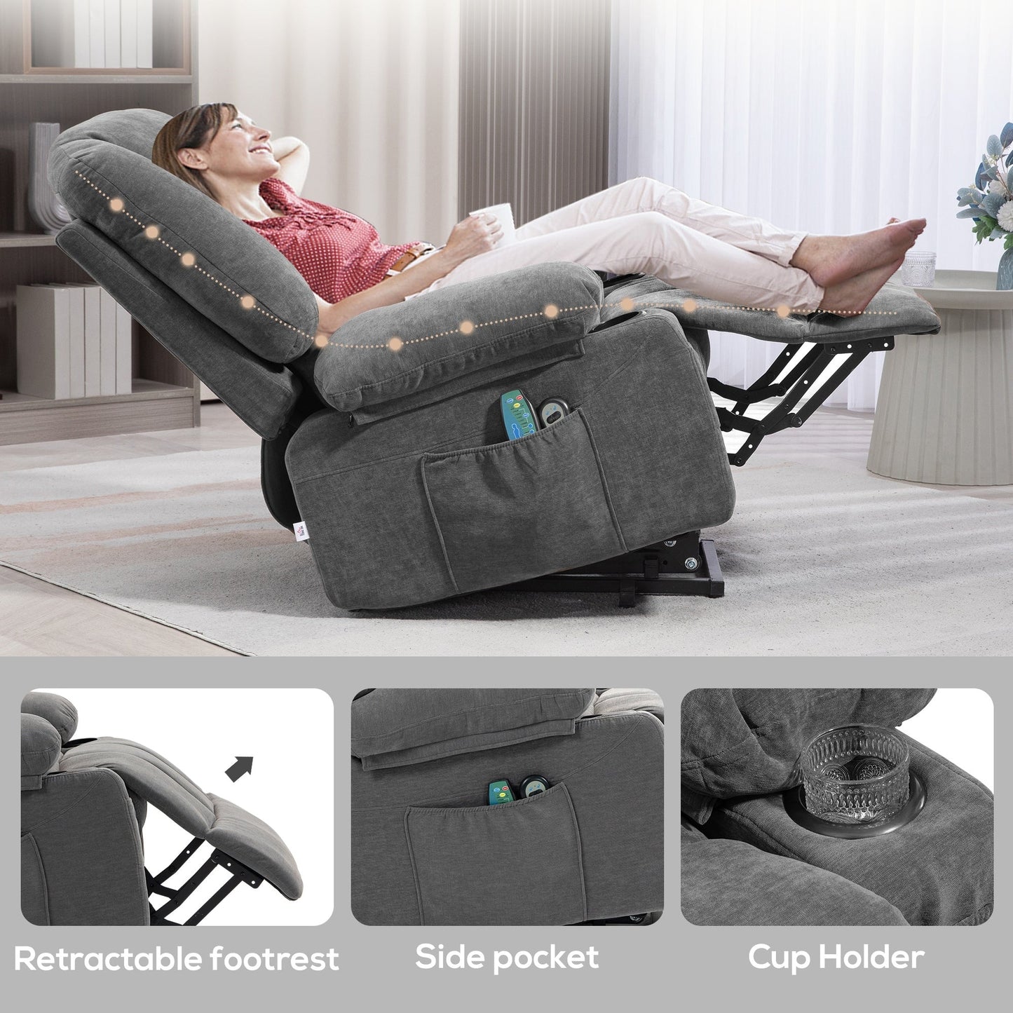 Power Lift Recliner Chair with Vibration Massage, Heating, Remote Control, Quick Assembly, and Side Pockets