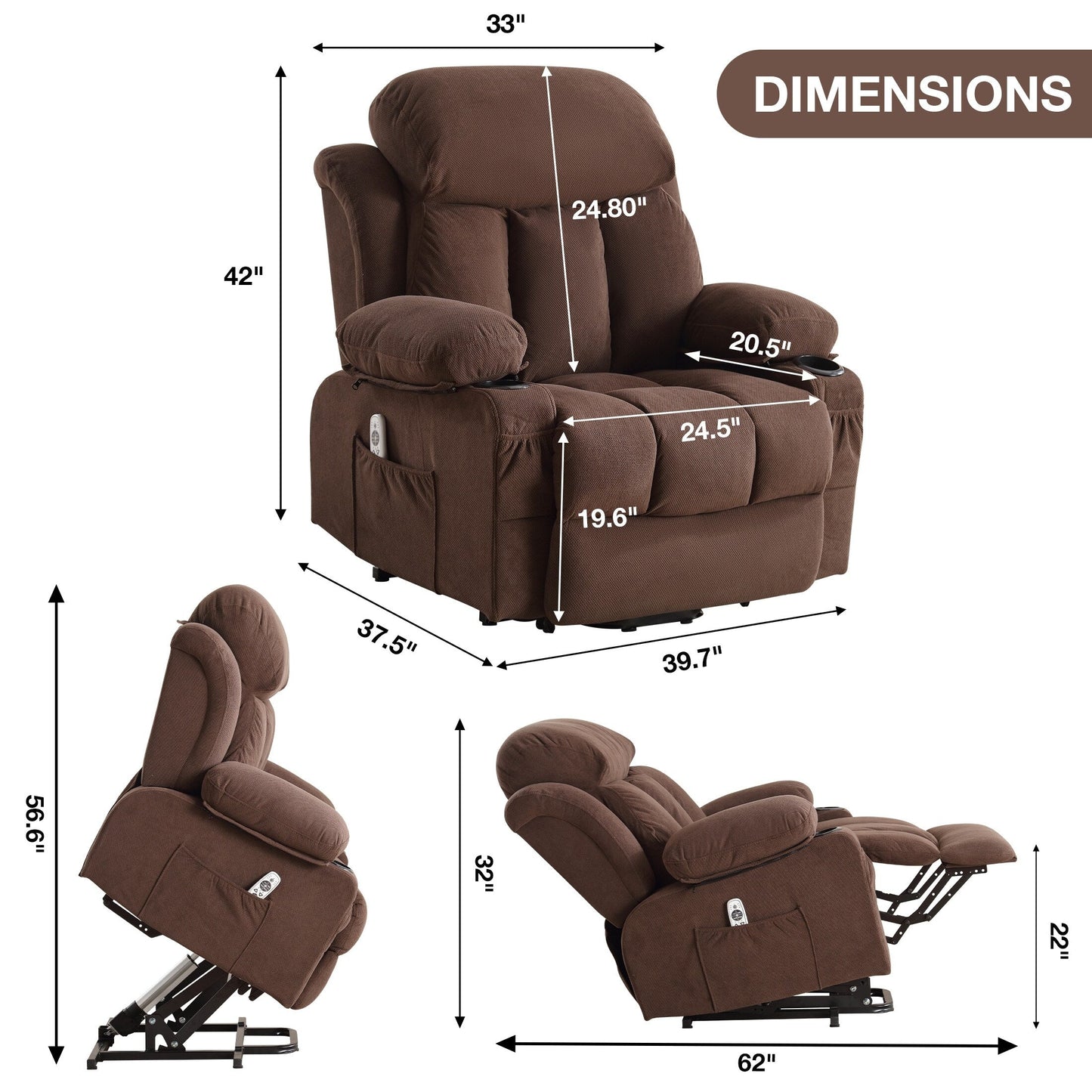 Power Lift Recliner with Heating, Vibration Massage, USB Charging, Remote Control & Storage Pockets for Seniors