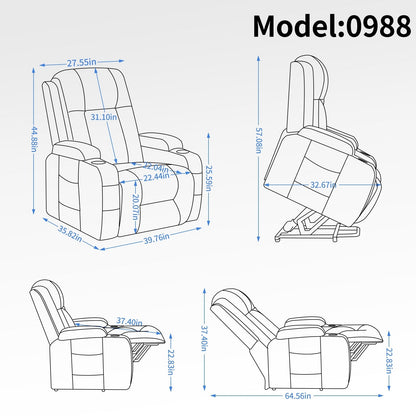Power Lift Recliner with Massage & Lumbar Heat, USB Charging, Dual Cup Holders, and Spacious Side Storage