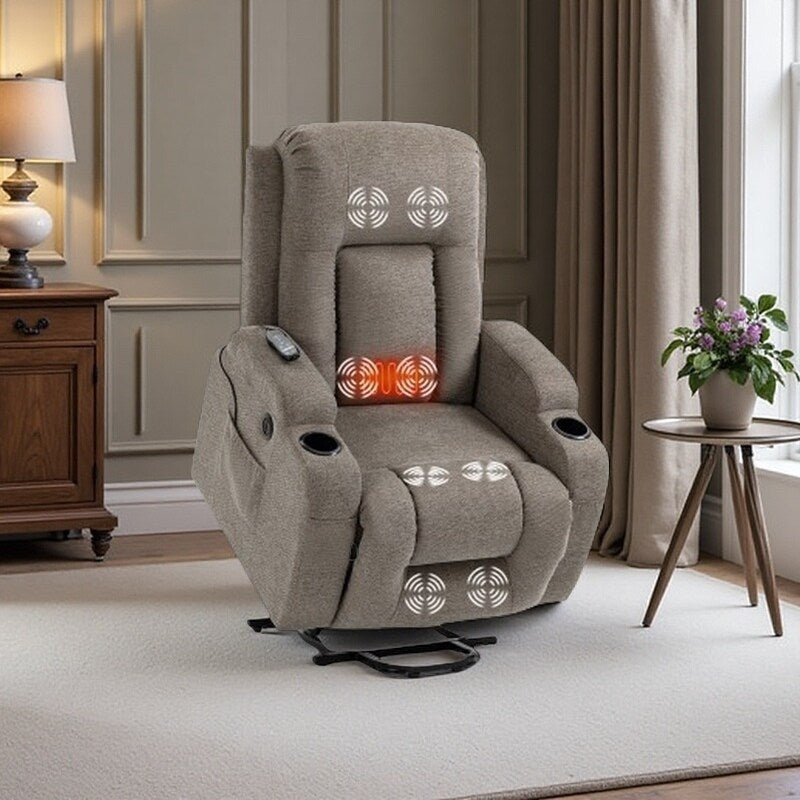 Power Lift Recliner with Massage & Lumbar Heat, USB Charging, Dual Cup Holders, and Spacious Side Storage