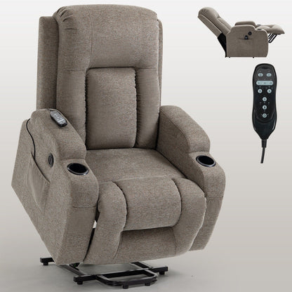 Power Lift Recliner with Massage & Lumbar Heat, USB Charging, Dual Cup Holders, and Spacious Side Storage