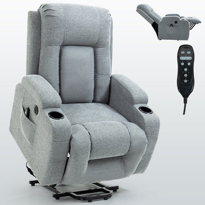 Power Lift Recliner with Massage & Lumbar Heat, USB Charging, Dual Cup Holders, and Spacious Side Storage