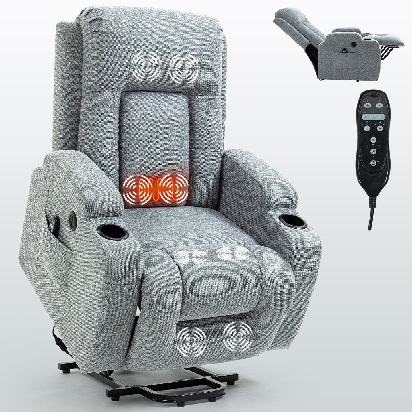 Power Lift Recliner with Massage & Lumbar Heat, USB Charging, Dual Cup Holders, and Spacious Side Storage