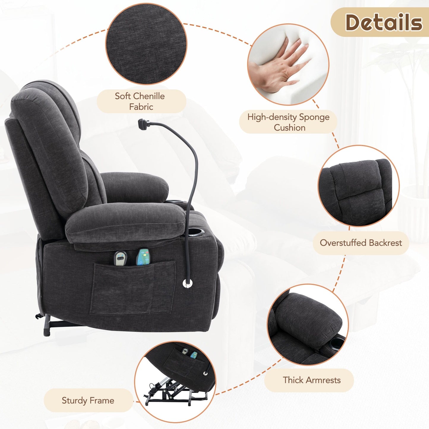 Power Lift Recliner with Massage, Heat & Phone Holder