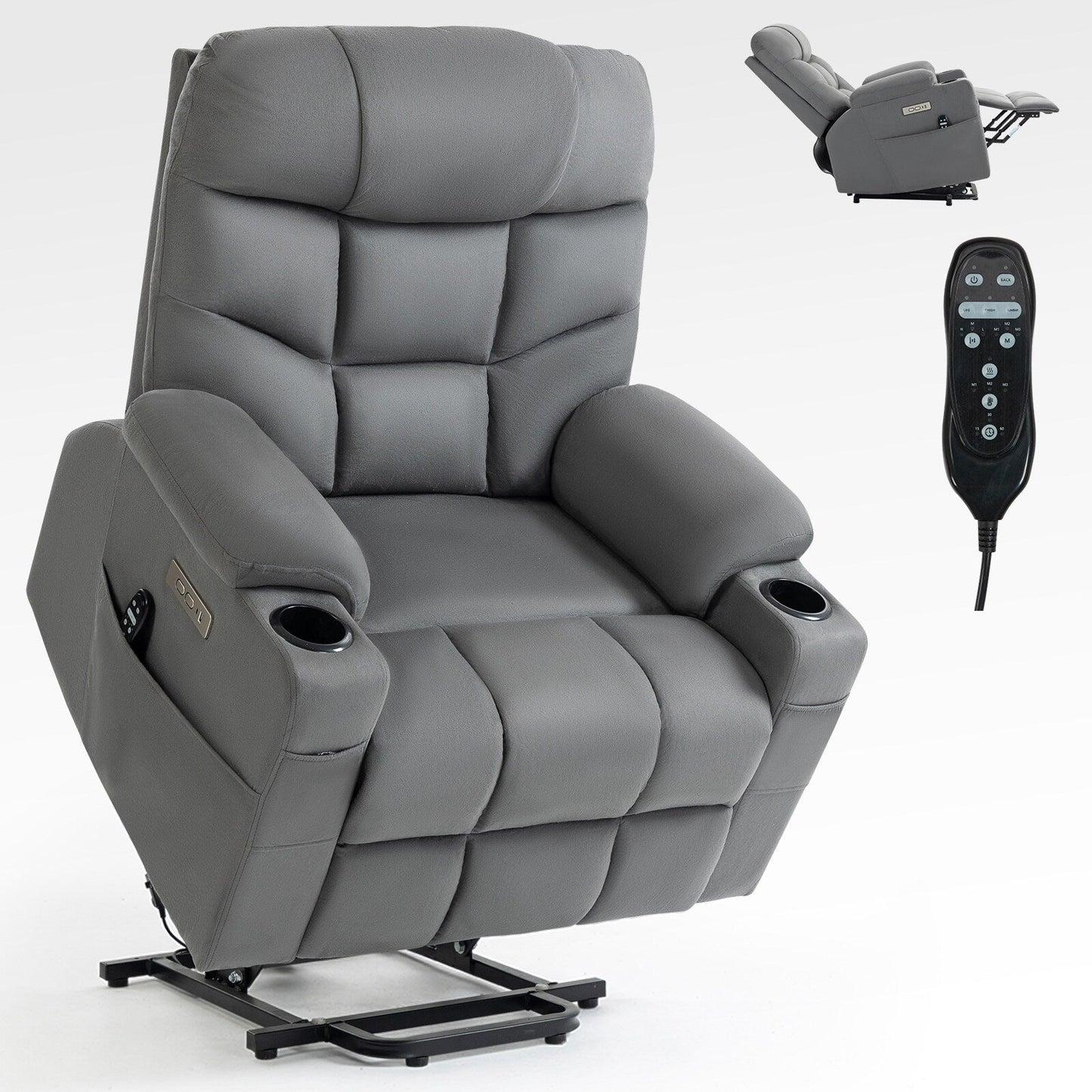 Power Lift Recliner with OKIN Motor, Massage, Heat, USB, and Cup Holders