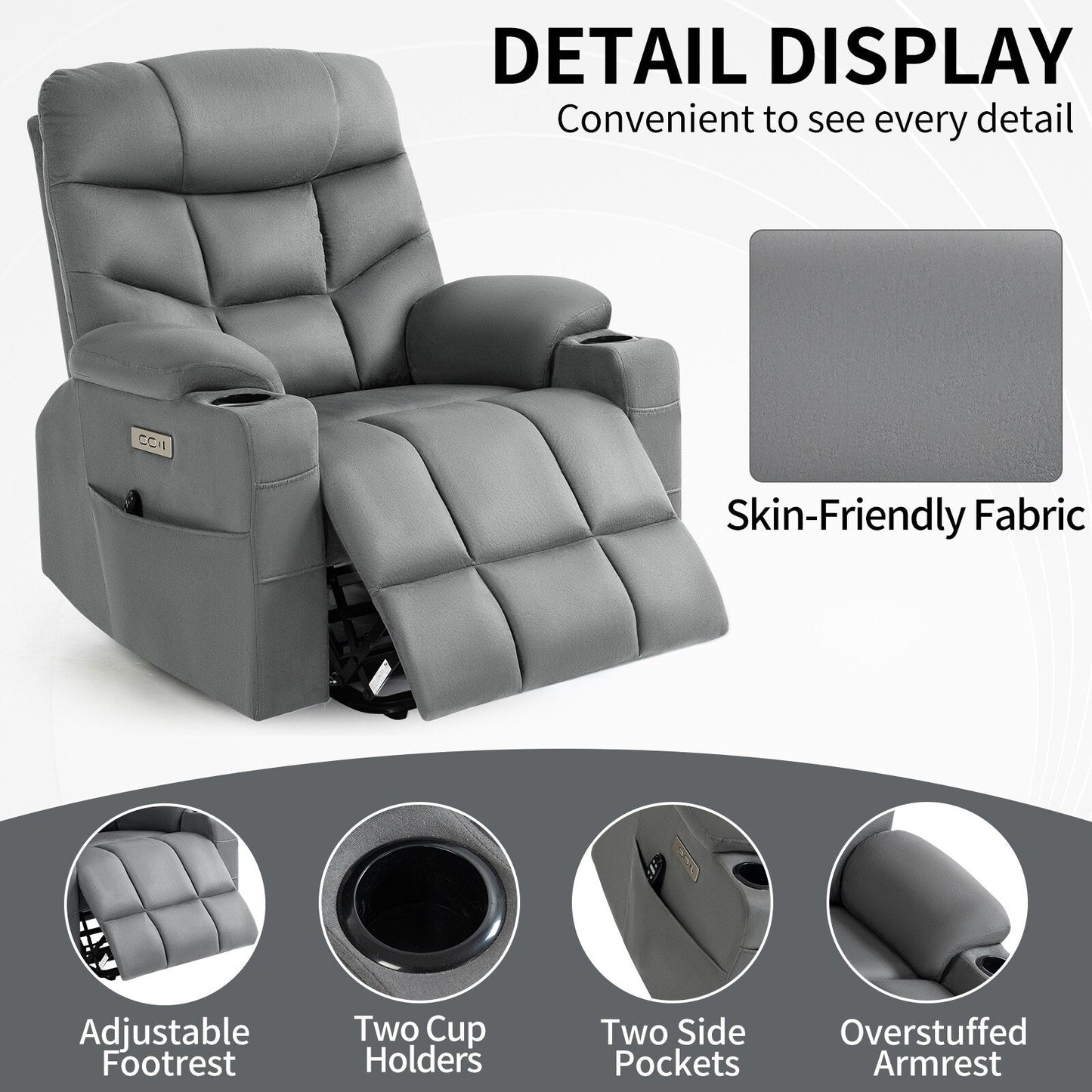 Power Lift Recliner with OKIN Motor, Massage, Heat, USB, and Cup Holders