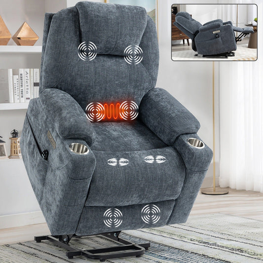 Power Lift Recliner, with 8-Point Vibration Massage and Lumbar Heating,USB and Type-C Ports,Stainless Steel Cup Holders