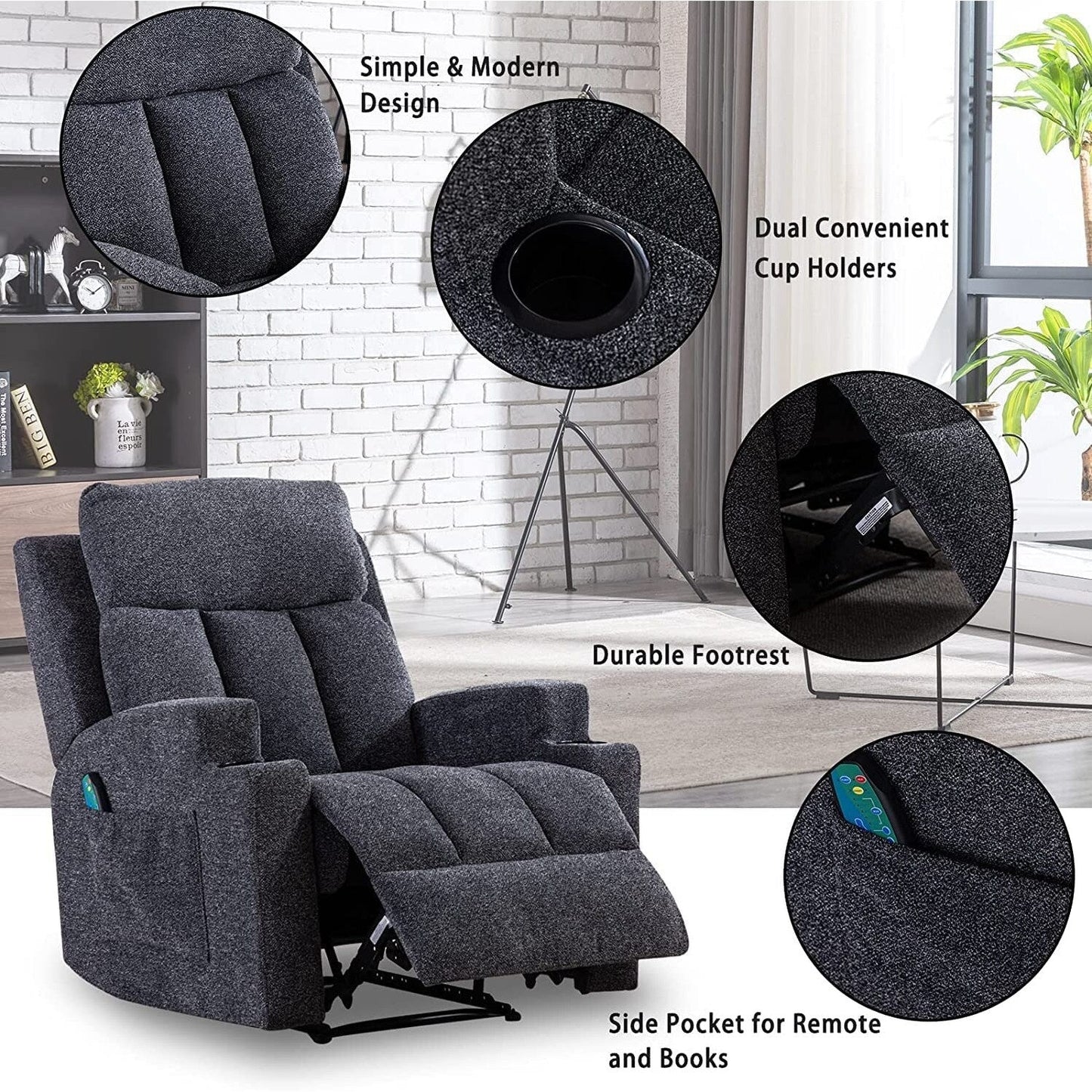 Manual Recliner Massage and Heating Chair Sofa with 2 Cup Holders Breathable Fabric
