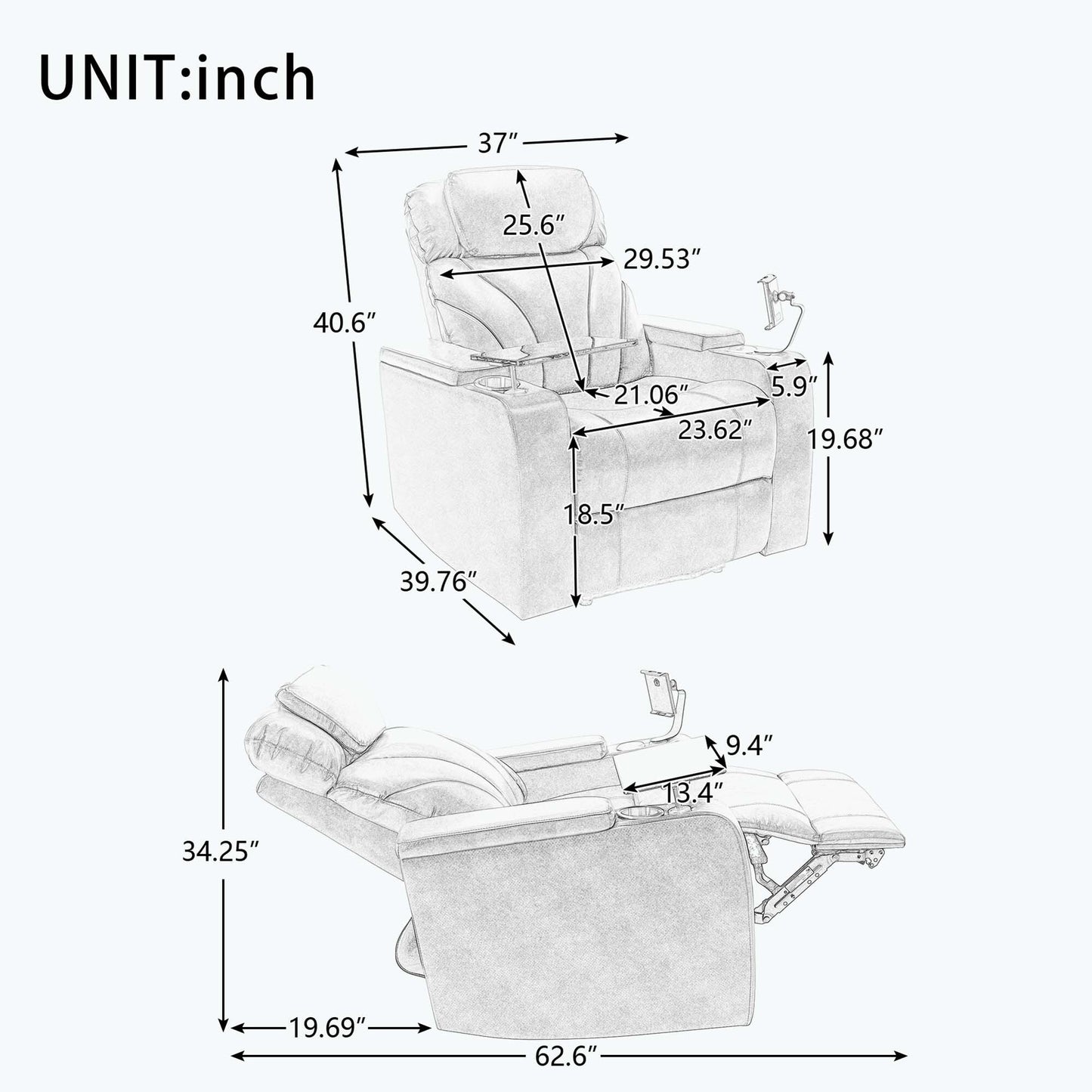 Power Motion Recliner with USB Charging Port and Hidden Arm Storage,with Convenient Cup Holder Design,and stereo