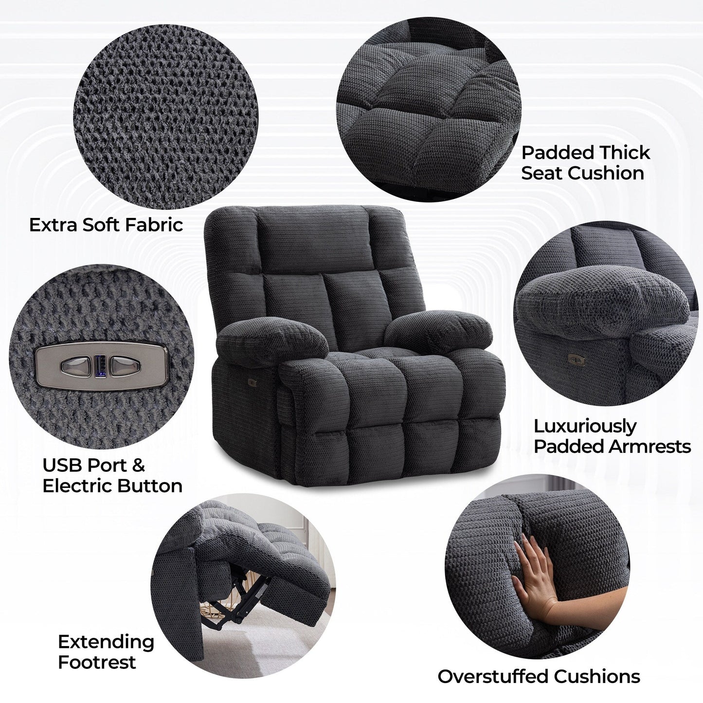 Power Oversized Recliner Zero Gravity Big Man Extra Large Recliner Chair for Living Room with USB Port 24 Wide Seat,Gray