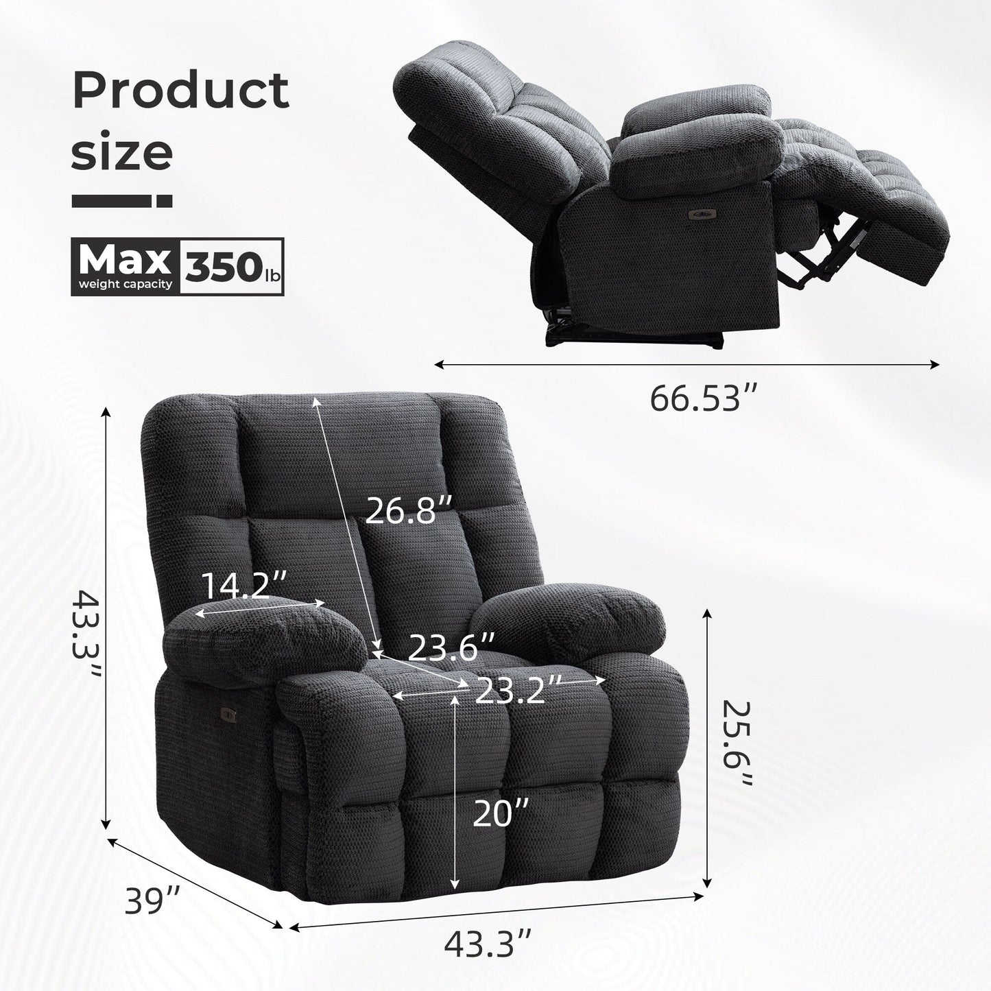 Power Oversized Recliner Zero Gravity Big Man Extra Large Recliner Chair for Living Room with USB Port 24 Wide Seat,Gray