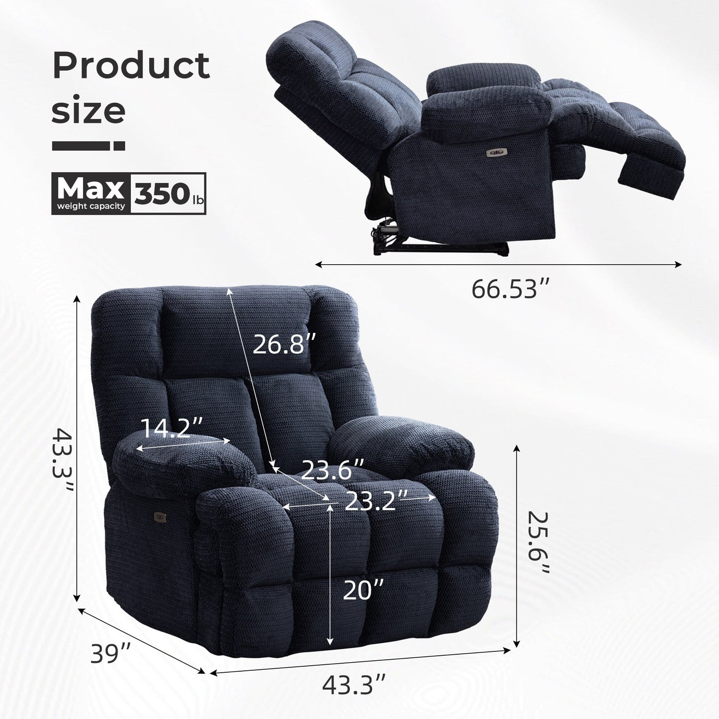 Power Oversized Recliner,Zero Gravity Big Man Extra Large Recliner Chair for Living Room with USB Port 43L*39W*43H