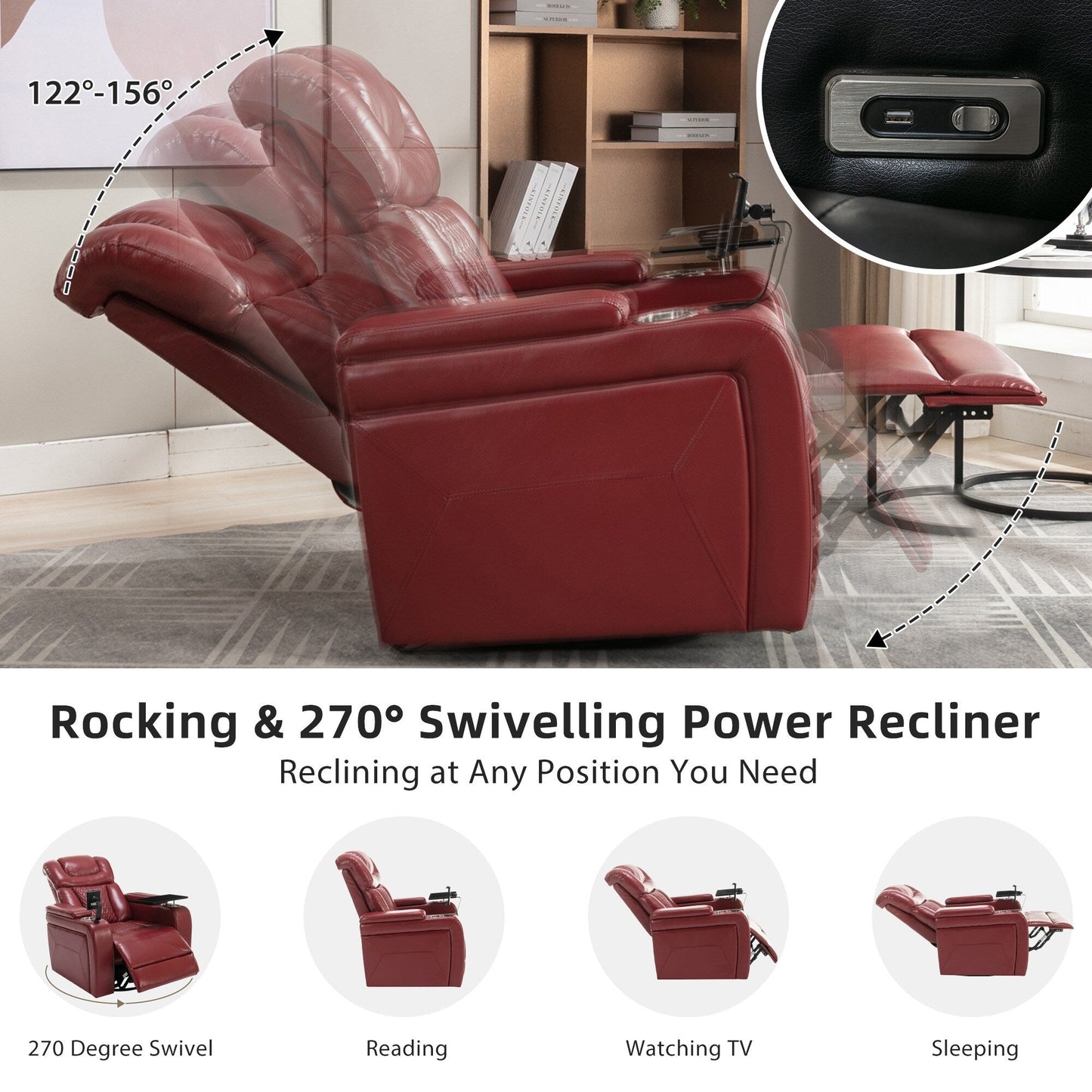 Power Recliner Chair with 270° Swivel, Tray, USB & Cup Holders