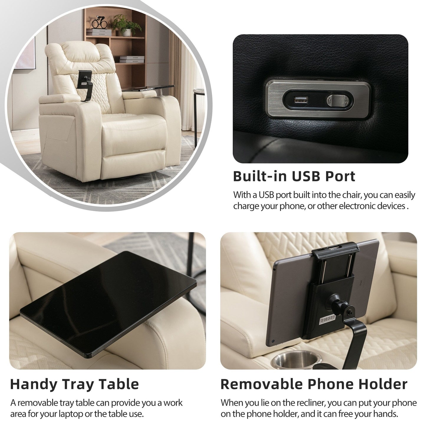 Power Recliner Chair with 270° Swivel, Tray, USB & Cup Holders