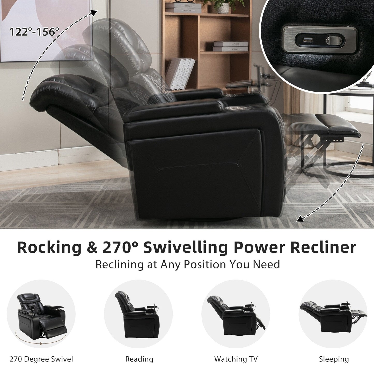 Power Recliner Chair with 270° Swivel, Tray, USB & Cup Holders
