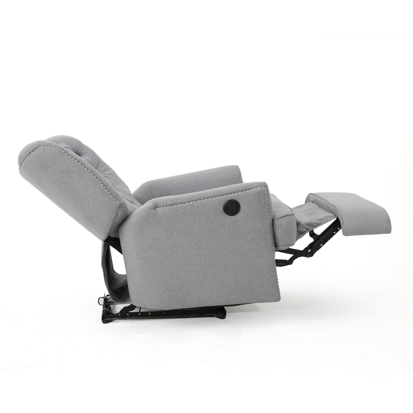 Power Recliner Lounge Chair, Button Tufted Gray Soft Fabric, Copper Accents