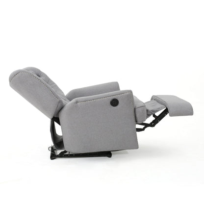 Power Recliner Lounge Chair, Button Tufted Gray Soft Fabric, Copper Accents