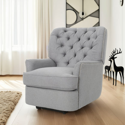 Power Recliner Lounge Chair, Button Tufted Gray Soft Fabric, Copper Accents